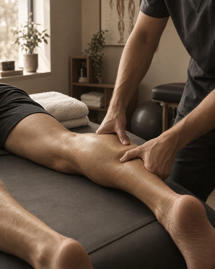 Therapist working a calf muscle on a treatment table