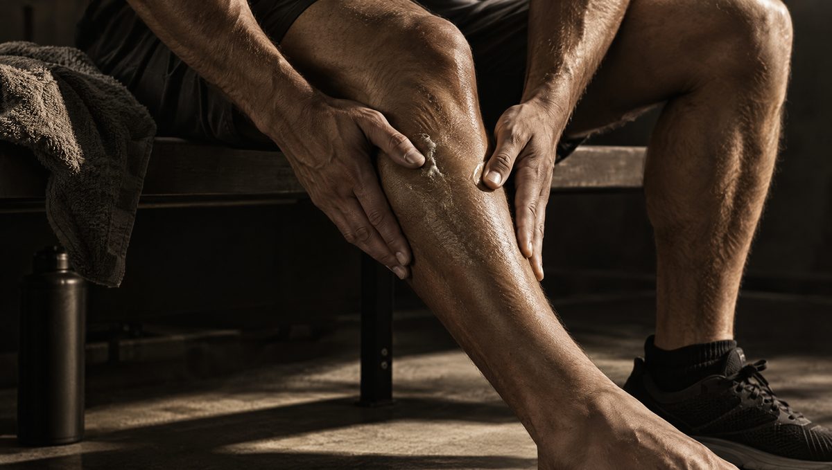 Athlete massaging balm into a calf muscle after training