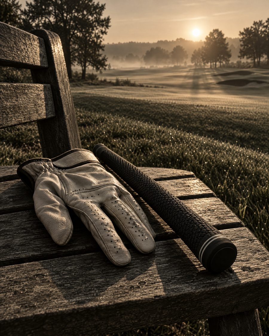 Golf glove and club grip on a bench at dawn
