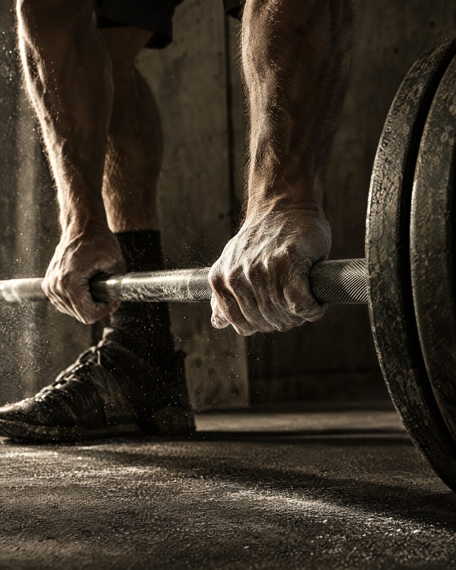 Chalked hands on a barbell in a gym