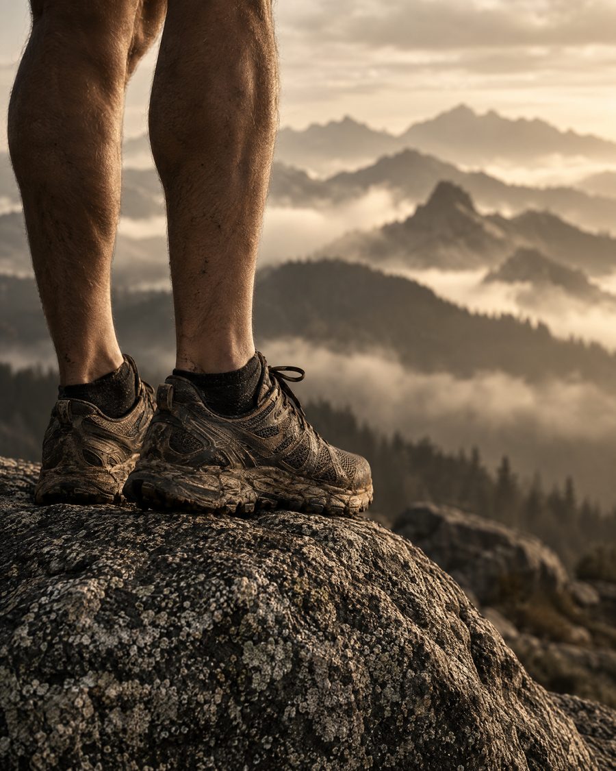 Trail-running shoes on a granite boulder above a misty ridgeline